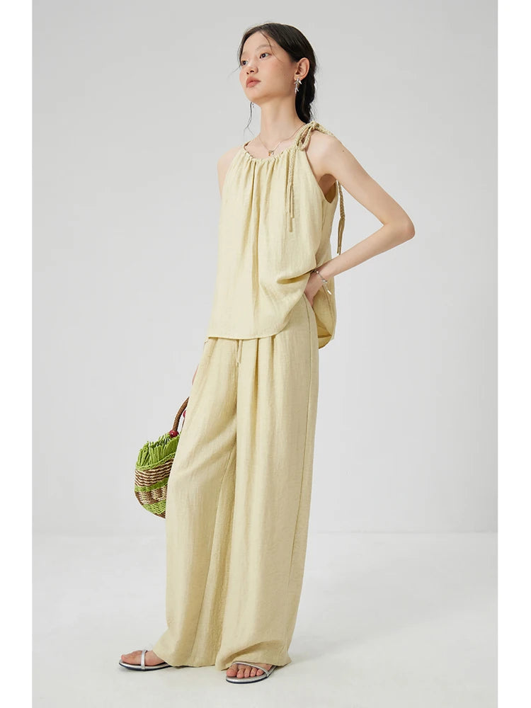 ZIQIAO Petite Linen Sleeveless Top and Pants Set for Women's 2024 Summer Outfit, New Vacation Style Temperament Outfit