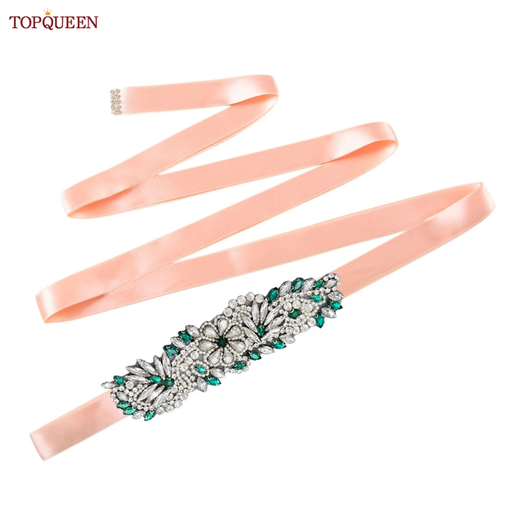TOPQUEEN S22 Bride Rhinestone Belt Shiny Wedding Accessories Party Woman Emerald Belts Jewelry Wedding Dress Decoration Sash