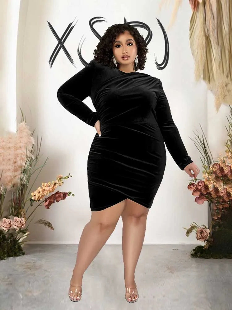Plus Size Fashion Women Clothing Curvy Dresses Velvet Winter Party Dress Evening Low Back Draped Dresses Wholesale Dropshipping