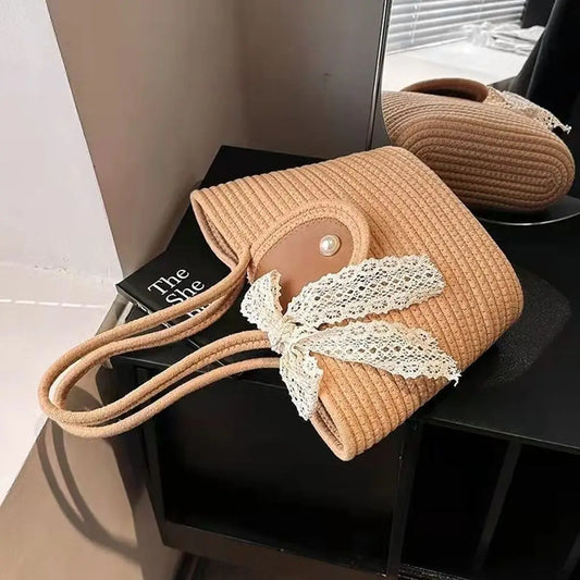 Woven Cotton Shoulder Bags for Women Summer Beach Bag Purse Female Handbag