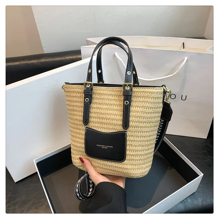 Woven Straw Shoulder Bag Female Crossbody Bags for Women 2023 Designer Bucket Bag Summer Beach Handbags Purse Travel Shopper Bag