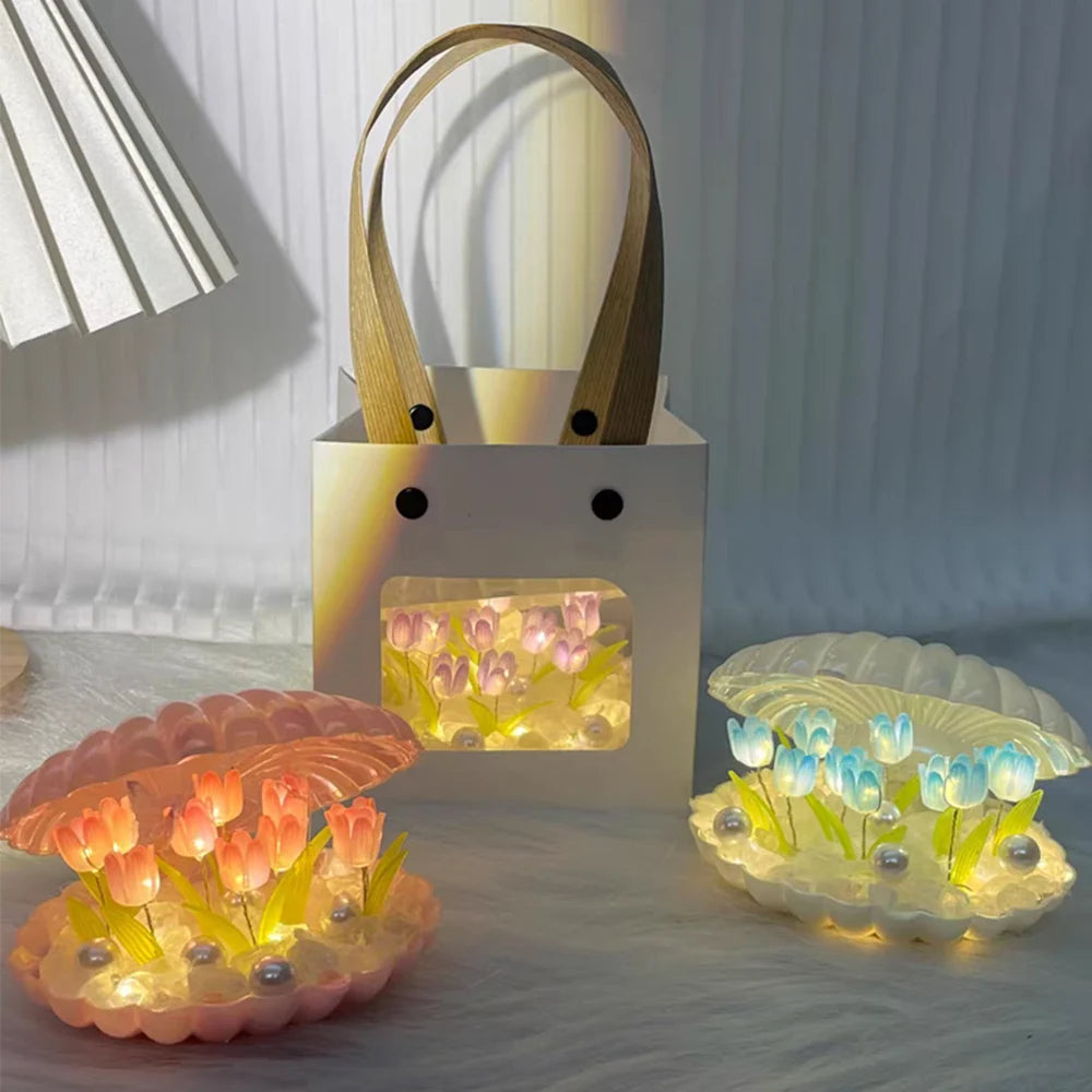 Handmade DIY Shell Tulip Small Night Lamp Bedside Table Ambience Light Home Decor Creative Valentine Mother's Day Birthday Gifts