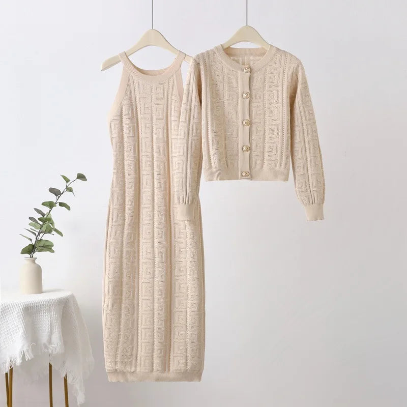 Knited Fall Winter Warm Women 2 Piecce Sets O-neck Single Breasted Cardigan Coats Tops Conjunto Korea Sleeveless Dresses Outfit
