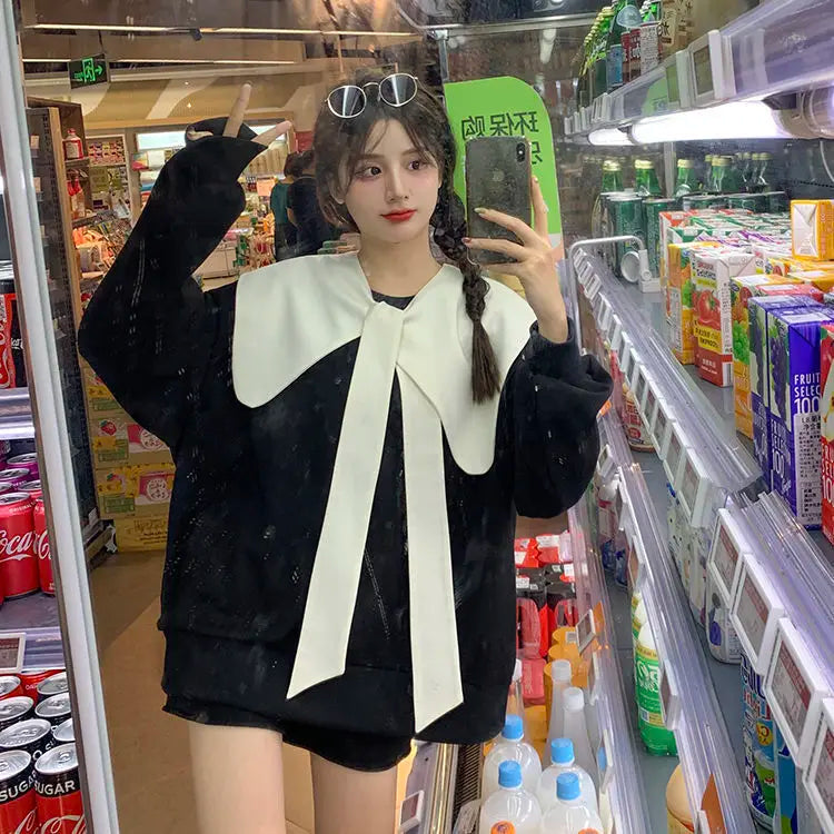 Bow Doll Collar Sweatshirt for Women New Style Loose Sweet Hoodless Petite Fashionable Age-reducing Top clothes
