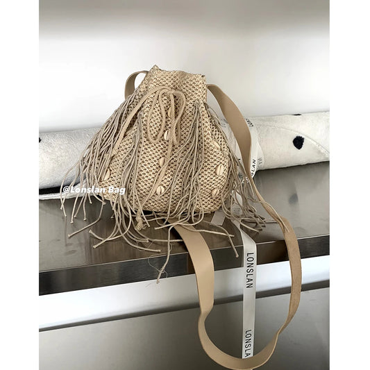 Tassel Shell Straw Bag Summer Bucket Bags for Women Wide Strap Shoulder Bag Bohemian Rattan Beach Bags Purses and Handbags Chic