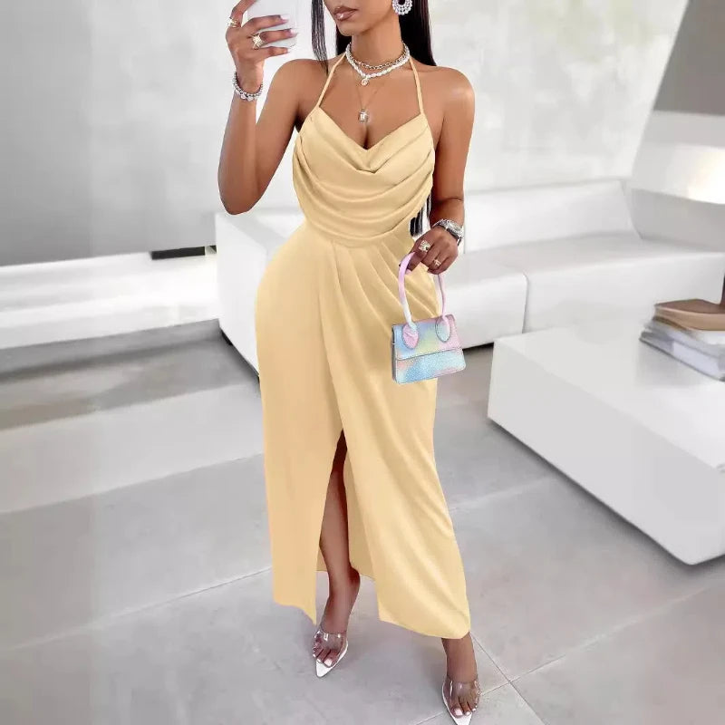 New Casual Women's Clothing Hot Selling Solid Color Pocket Collar Camisole Pleated Slit Dress