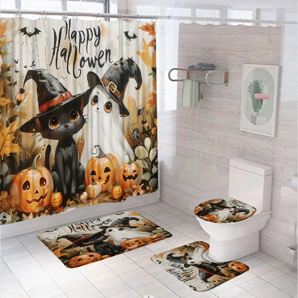 Funny Ghost Shower Curtain Set Halloween Skull Bat Flower Pumpkin Bath Screen Bathroom Mat Non Slip Rug Carpet Toilet Cover Home improvement decortion