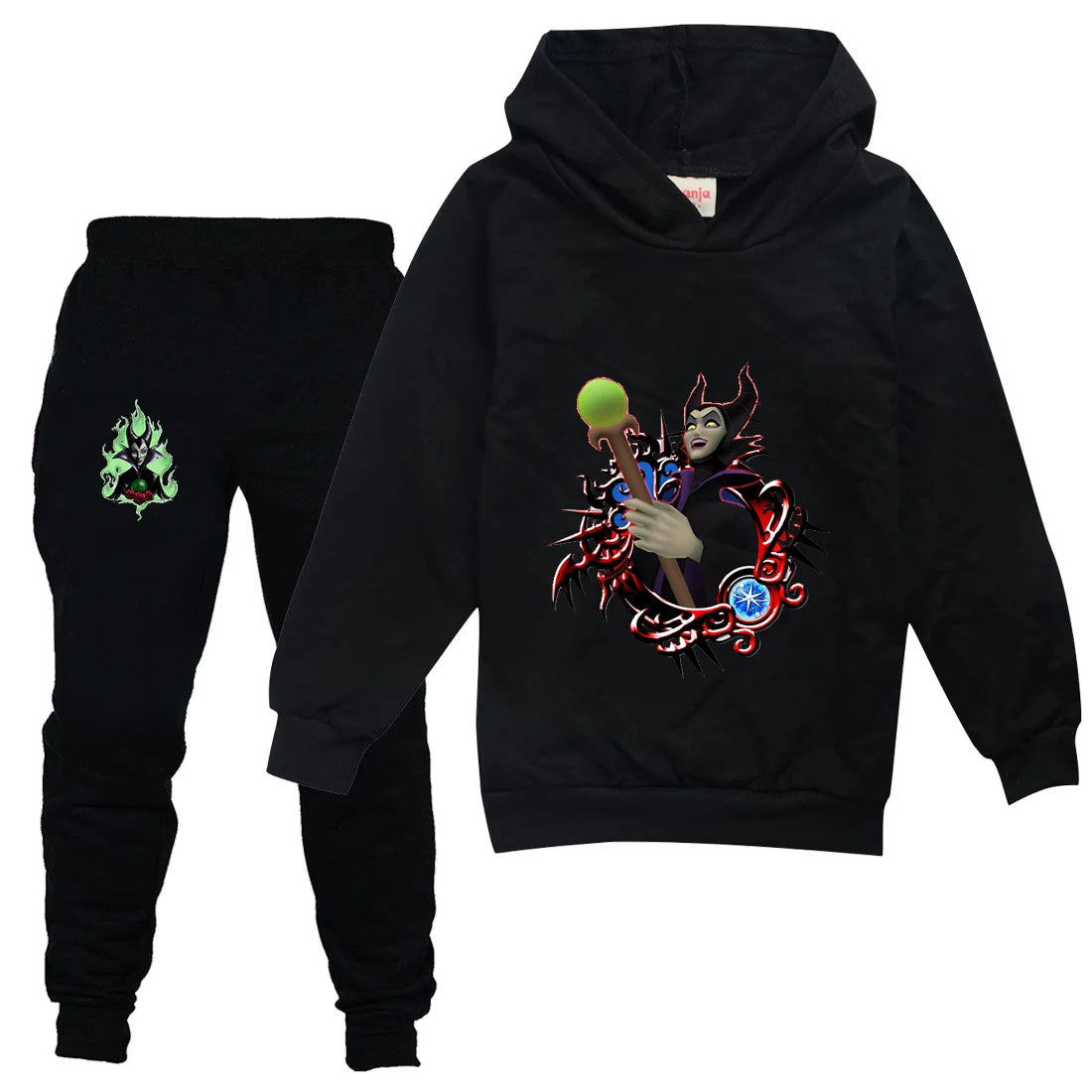 Maleficent Kids Sportswear Suits Girls Boys Casual Thin Hoodie Black Pants Teen Chilren Outerwear Clothing Sets