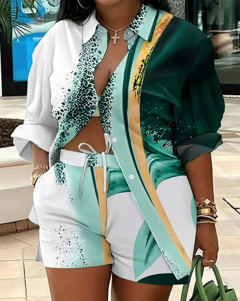 2025 Clothes for Women Fashion Women Long Sleeve Printing Two Piece Sets Womens Outifits Top Short Matching Sets Women Clothing