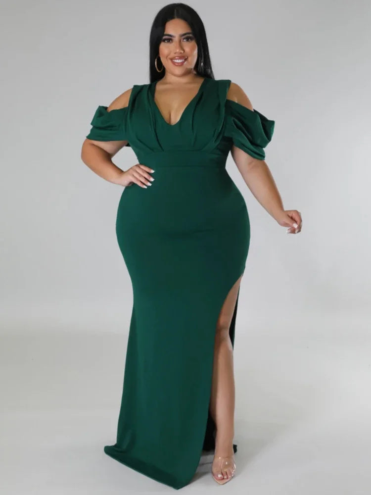 ONTINVA Long Prom Dresses V Neck Cold Shoulder Empire Curvy Lady Evening Birthday Wedding Event Party Gowns Plus Size 4XL 5XL
