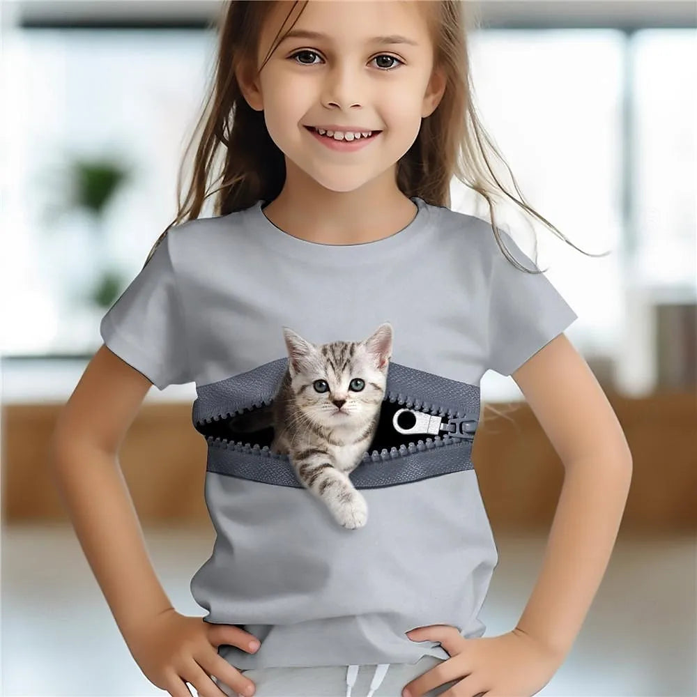 Kinderkleidung für Mädchen, T-Shirt mit 3D-Katzen-Print, kurzärmelig, Kinderkleidung, modische Kostüme für Mädchen, Top im Alter von 2 bis 12 Jahren 