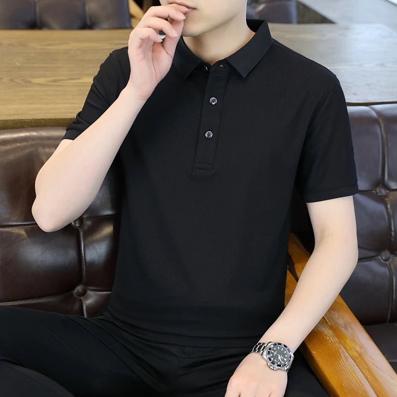 Summer Short Sleeve Men's Solid Button Pullover Turn-down Collar Vacation T-shirt Casual Formal Undershirt Preppy Style Tops