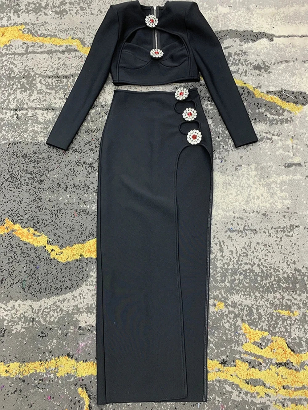 2025 New Hollow Out Diamond Short Top+Side Slit Long Skirt Bandage Two-Piece Set For Women Black Fashion Party Matching Outfits