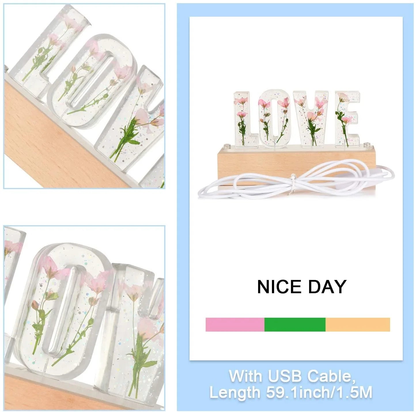 Customized A To Z Letters Dried Flower Wood Night Light Creative Romantic Table Lamp Gift for Couple Valentine Day Kid Birthday