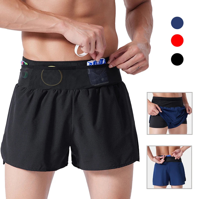(S-4XL) شورت رياضي للجري الماراثوني سريع الجفاف بطبقتين للرجال والنساء والمراهقين مع جيب بسحاب وشورت تدريب لياقة بدنية بدون مسارات 