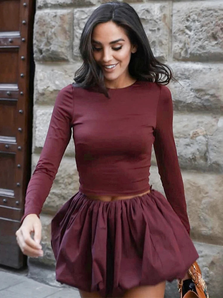 Trendix Pleated Skirt 2 Piece Sets Women Burgundy Bodycon Long Sleeve Shirts Vintage Fashion High Waist Dress Suits 2024 Winter