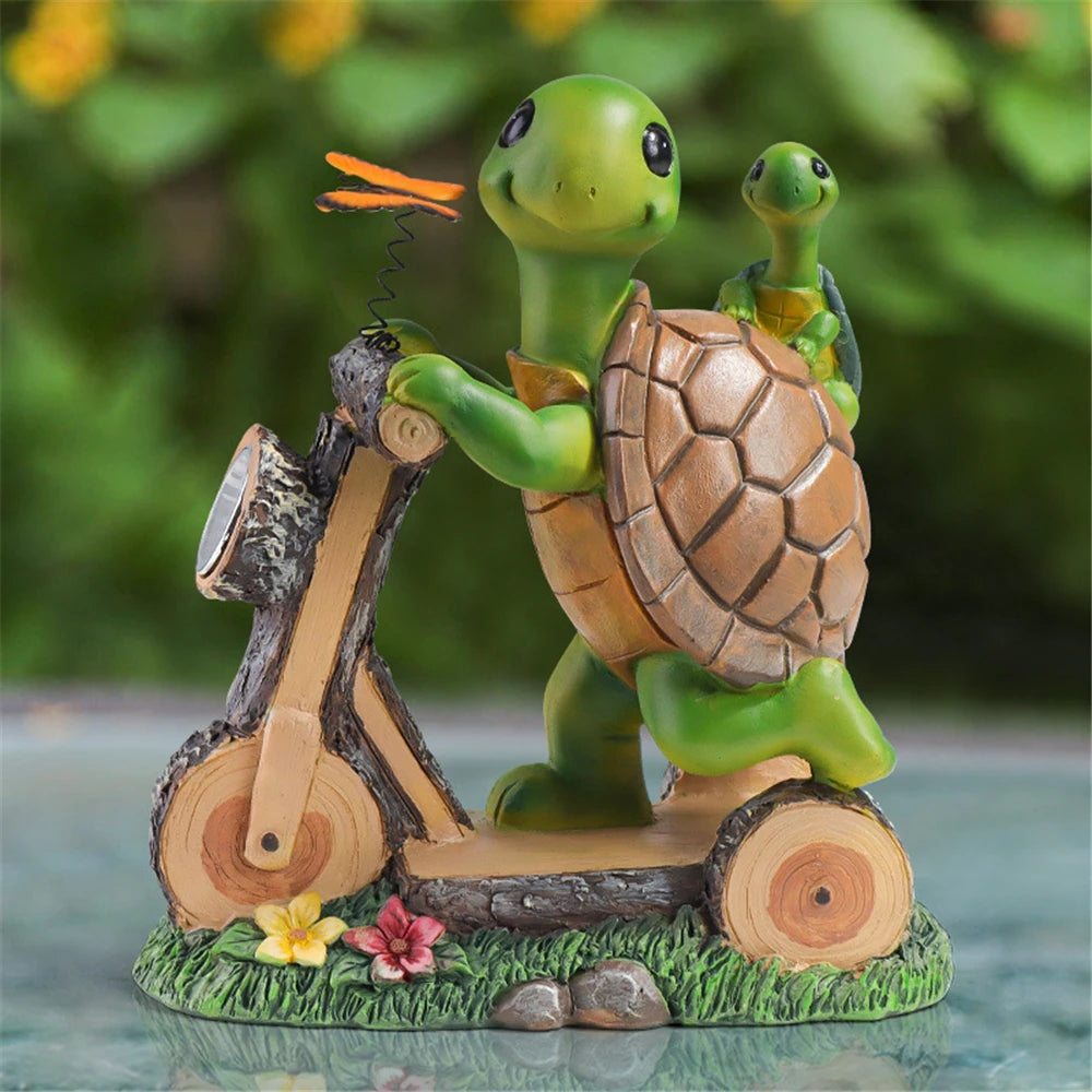 Garden Solar Mother and Son Turtle Riding LED Ornaments Yard Gardening Simulation Animal Sculpture Decoration Home Decor Statues
