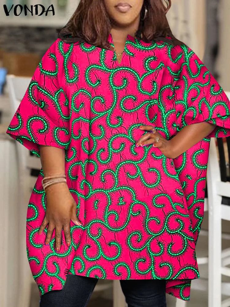 Plus Size 5XL VONDA Women Elegant Blouse 2024 Half Sleeve Printed Shirts Bohemian V Neck Tops Fashion Casual Loose Blusas