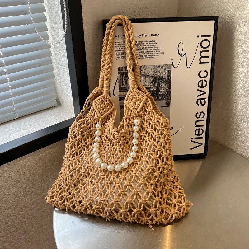 Straw Hobo Beach Bag Designer Luxury Bags Woman 2025 Pearl Purse Woven Tote Handbag Summer Vintage Foldable Handbag for Travel