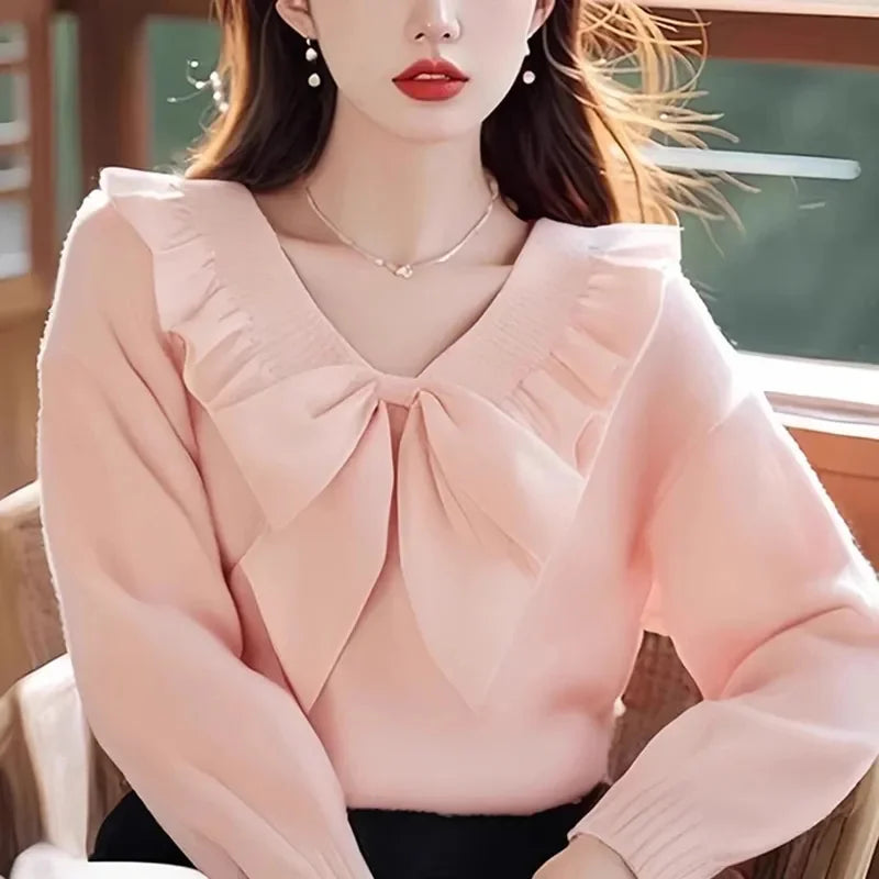 Spring Autumn Pink Sweater 2025 New V-Neck Loose Women's Clothes Pullover Top Fashion Falbala Bowknot Female Knitwear Blouse