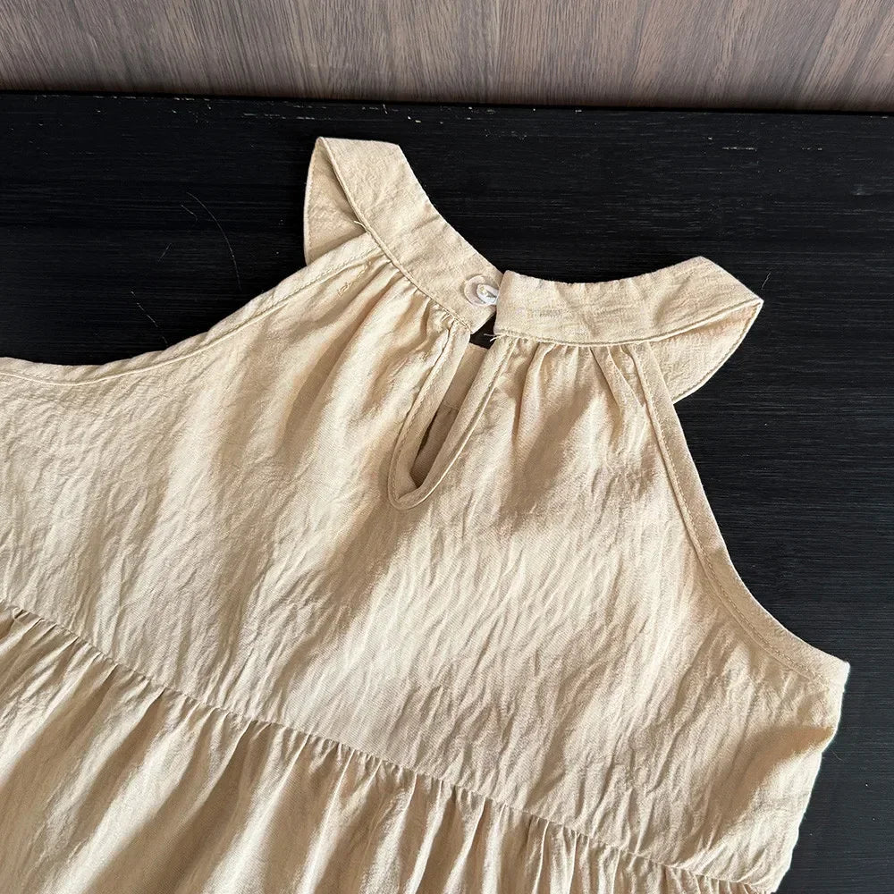 Summer Sleeveless Hanging Neck Girls Dress Khaki Casual Dresses