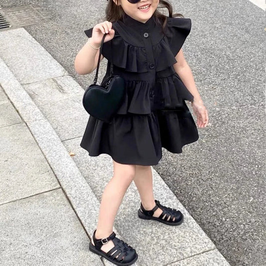 Korean Children's Clothing Girls' Summer Dress Kids Black Fly Sleeved Dress Girls Fashion Kids Outfit Layered Dresses For Girls