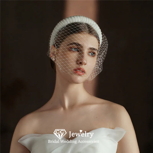 CC Short Veils for Women Wedding Hair Accessory Bridal Headdress Engagement Hairwear Blusher Veil Imitation Pearl Hairband V320