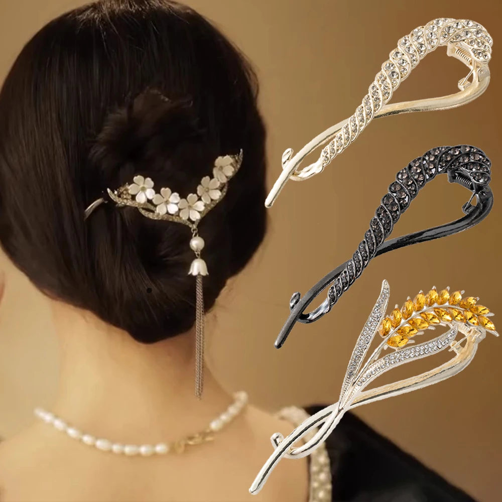Rhinestone Tassel Hair Claw Clip Bun Women Flower Hairpin Headwear Hairgrip Metal Barrette Banana Twist Hair Accessories Jewelry