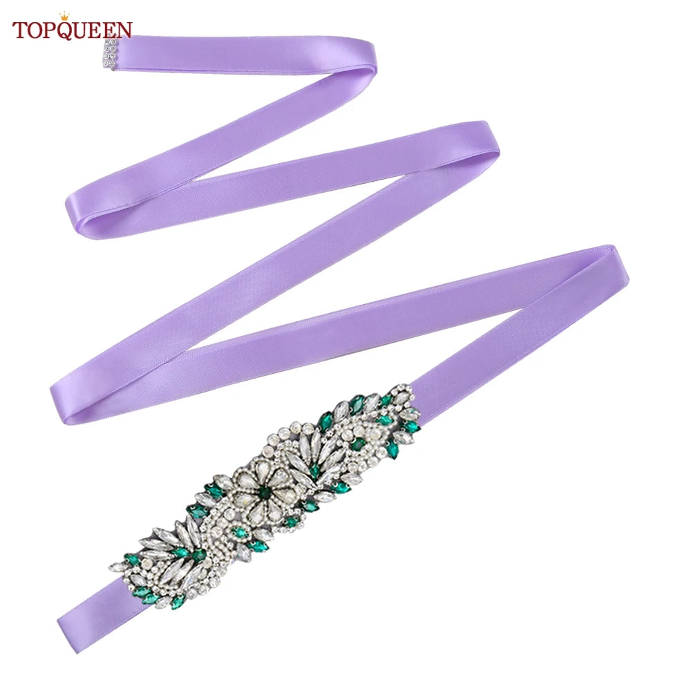 TOPQUEEN S22 Bride Rhinestone Belt Shiny Wedding Accessories Party Woman Emerald Belts Jewelry Wedding Dress Decoration Sash