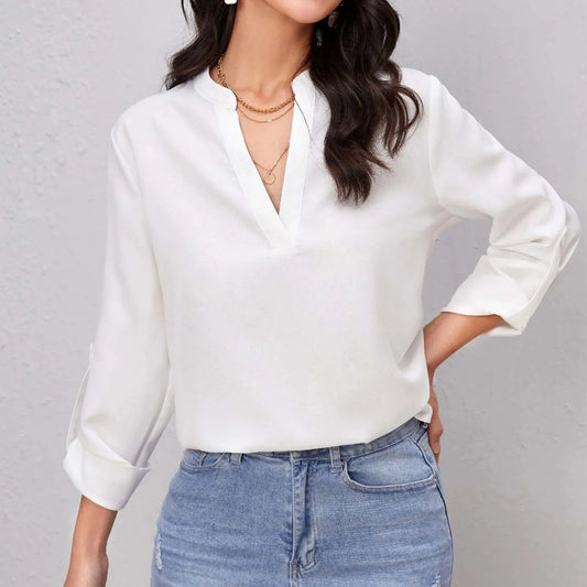 2025 Spring White Women's Blouses Long Sleeve Simple Office Lady Solid Color V-neck Loose Casual Shirt Tops Women Clothes