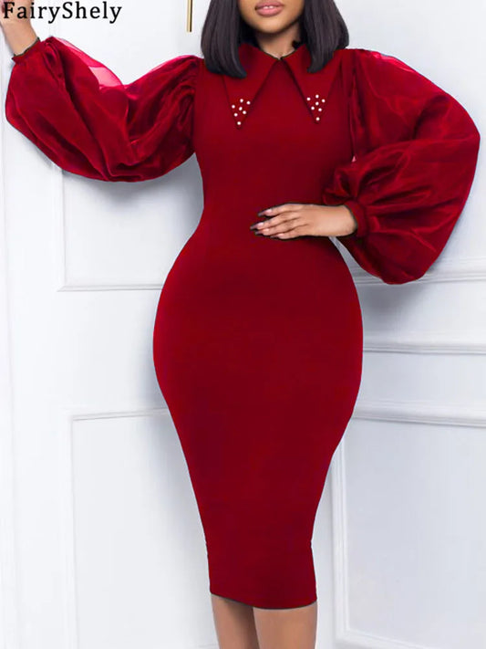 FairyShely 2025 Spring Autumn Solid Plus Size Dress Women Lantern Long Sleeve Large Big Dresses Lady Party Tight Curvy Dress