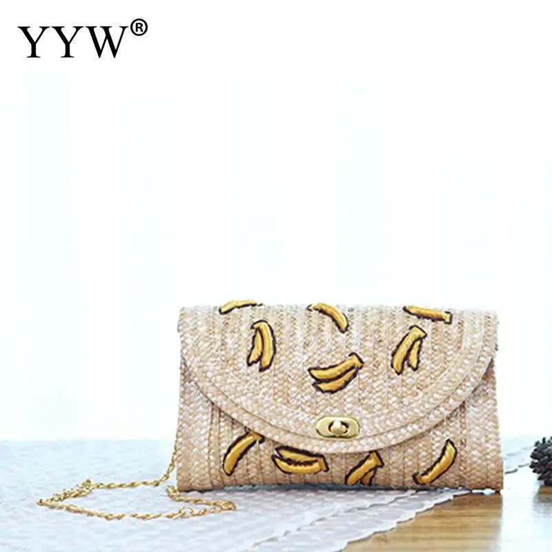 Fruit Pattern Clutch Bags for Women Rattan Weaving Beach Bag Small Women's Purse Handbags Bohemian Female Shoulder Bags