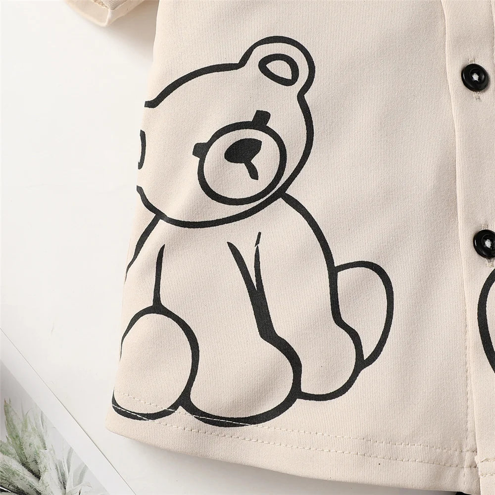 طقم ملابس للأطفال الأولاد مكون من قطعتين، قميص بأكمام قصيرة وأزرار بطبعة دب + شورت، ملابس حفلات عيد ميلاد عصرية للأولاد من سن 1 إلى 6 سنوات 