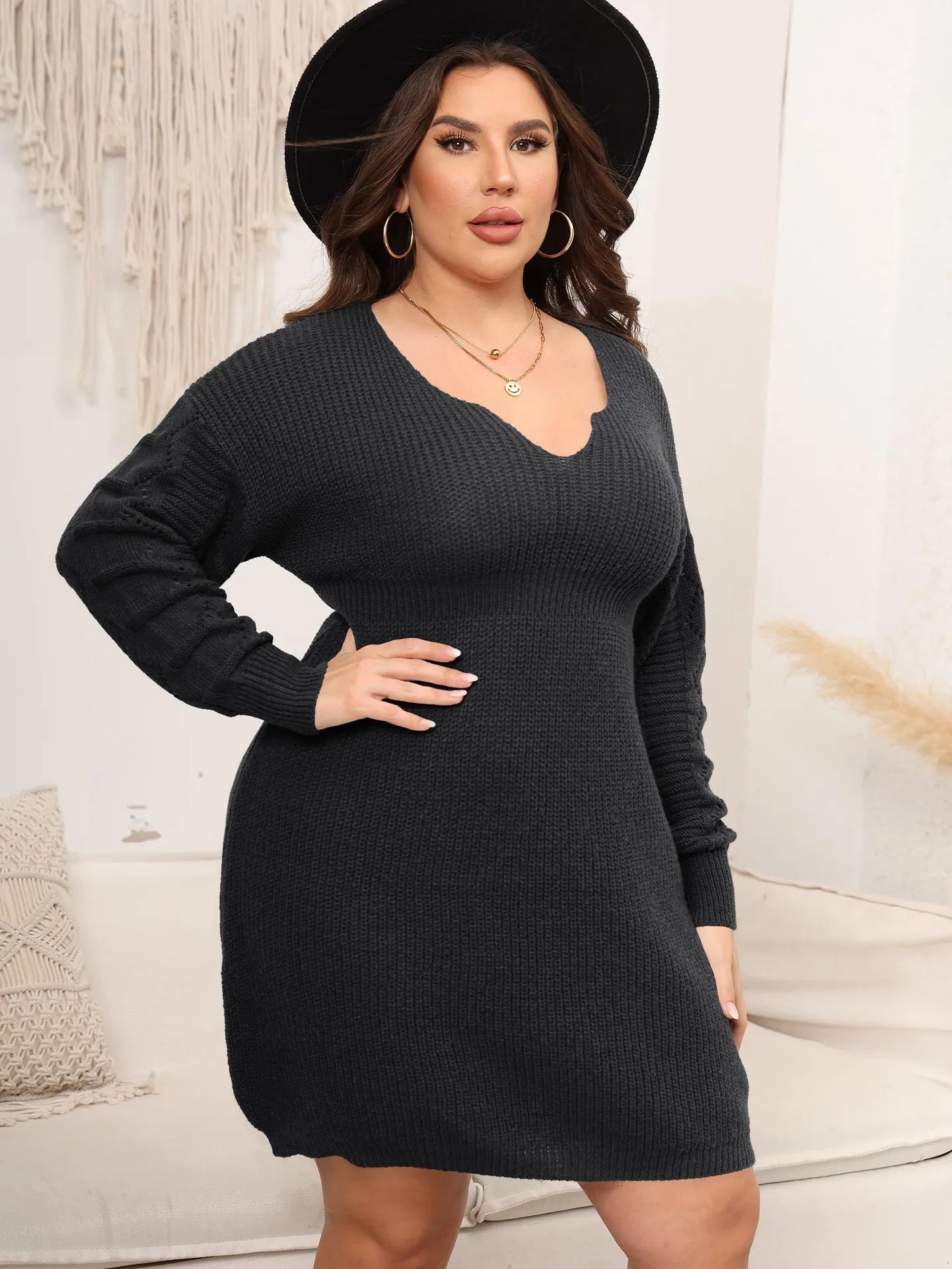 FairyShely 2025 Winter V-Neck Plus Size Sweater Dress Women Long Sleeve Large Big Knitted Dresses Autumn Tight Curvy Warm Dress
