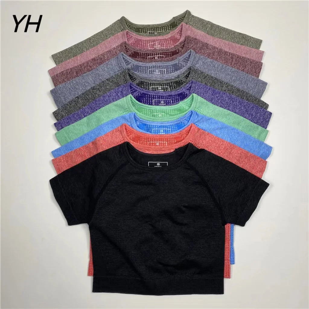 Women Seamless Yoga T-Shirt Female Fitness Crop Top Workout Gym Training Shirts Athletic Short Sleeve Yoga T-shirts Sportswear