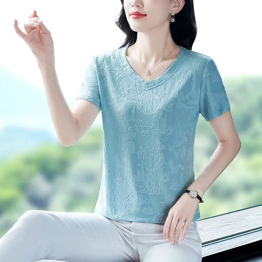 Summer Women's V-neck Slimming Short-sleeved T-shirts Fashion Luxury Clothing Tops Suit Clothes Dames Slimming and breathable