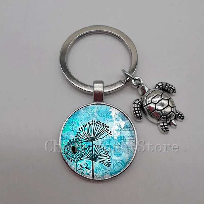 Marine life jewelry turtle dolphin shell keychain key ring glass convex round keychain charm turtle pendant Christmas gift