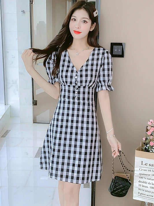 Summer Plaid Puff Sleeve V-Neck Midi Dress Women Fashion Bodycon Chic A-Line Dress 2024 Korean Elegant Casual Festival Vestidos