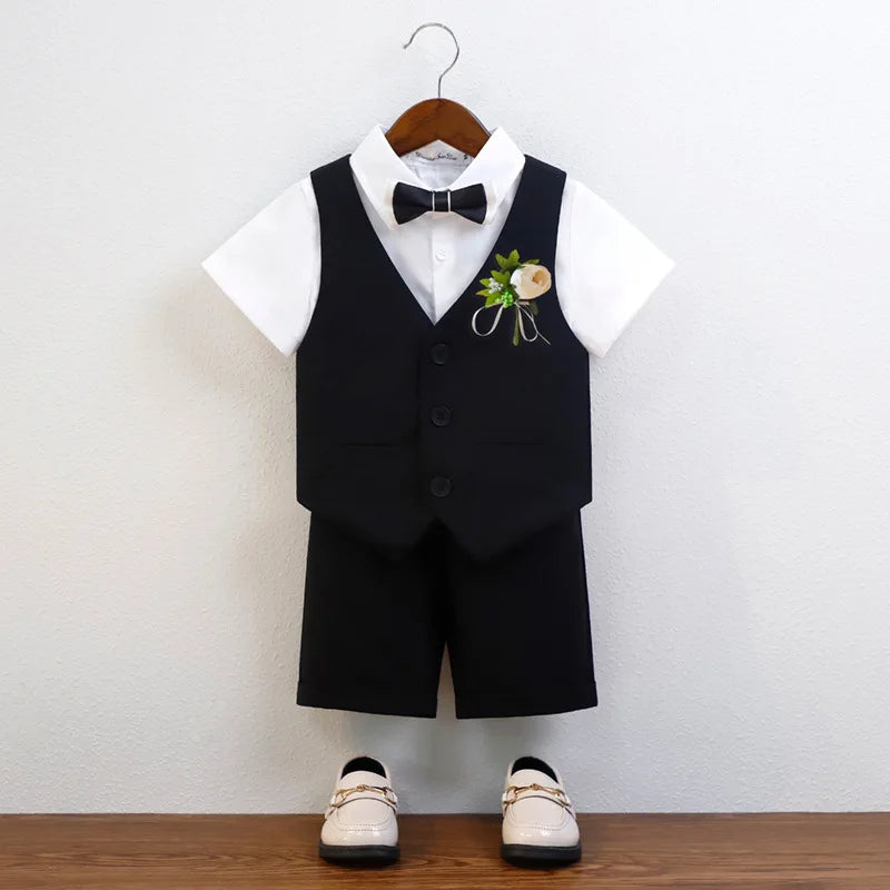 Kids Cool Vest Shirt Shorts Bowtie Ceremony Costume Boys Silm Fit Wedding Dress Chilren's Host Performance Costome