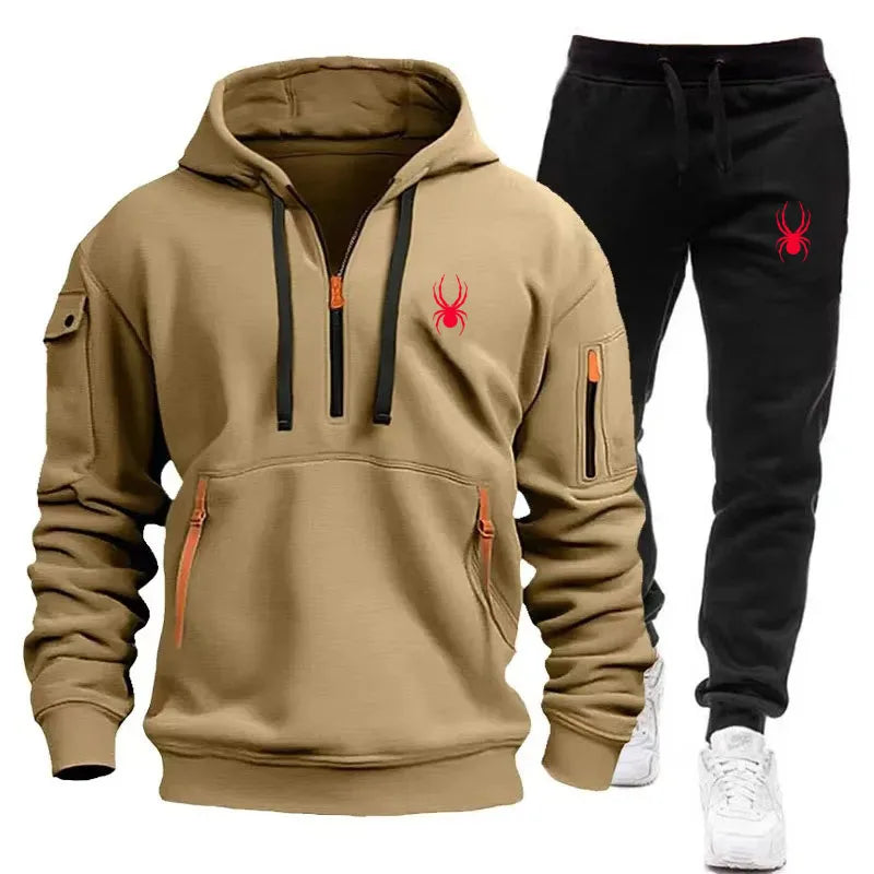 New men's sports suit hooded sweatshirt long pants arm pocket zipper fashionable casual outdoor jogging sportswear men's suit mon