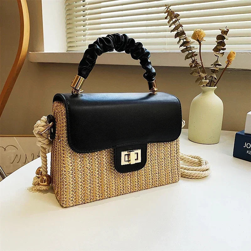 Straw Beach Bag for Women 2021 Summer Pleated Handle Luxury Designer  Contrast Color Crossbody Purse and Handbag Lady Bolsos