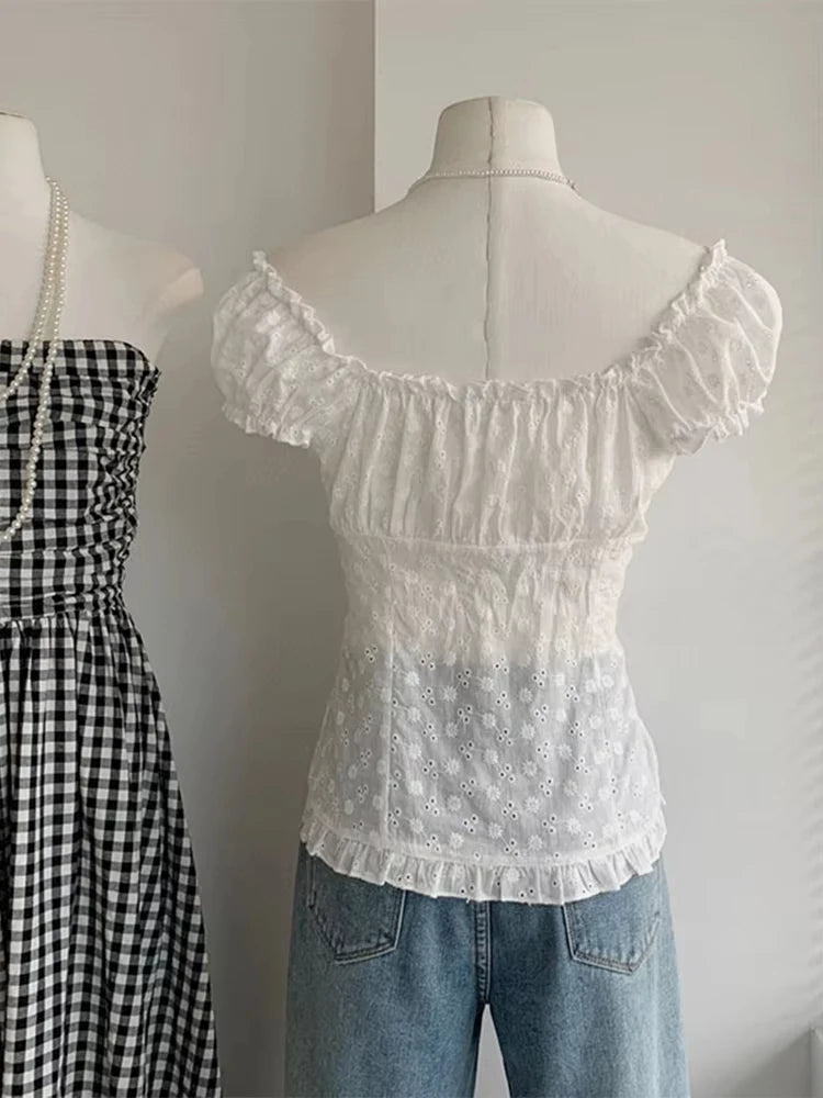 2025 New Women White Hollow Out Design Shirt Pleated Slash Neck Puff Sleeve Blouses Female Slim Ruffle Single Breasted Clothes