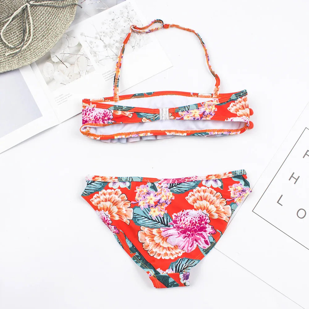 CHEAP Teen Kids Girls Swimwear Swimsuit Children Print Bandage Bikini 2024 Wholesale Brand Baby Girl Biquini Swimming Suit