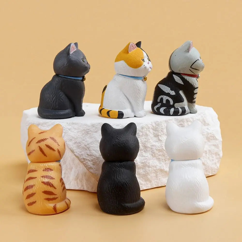 PVC Statue Simulated Cat Model Doll Small Bell Mini Sitting Cat Figure Toy Black Cat Cartoon Mini Cat Ornament Desktop Decor