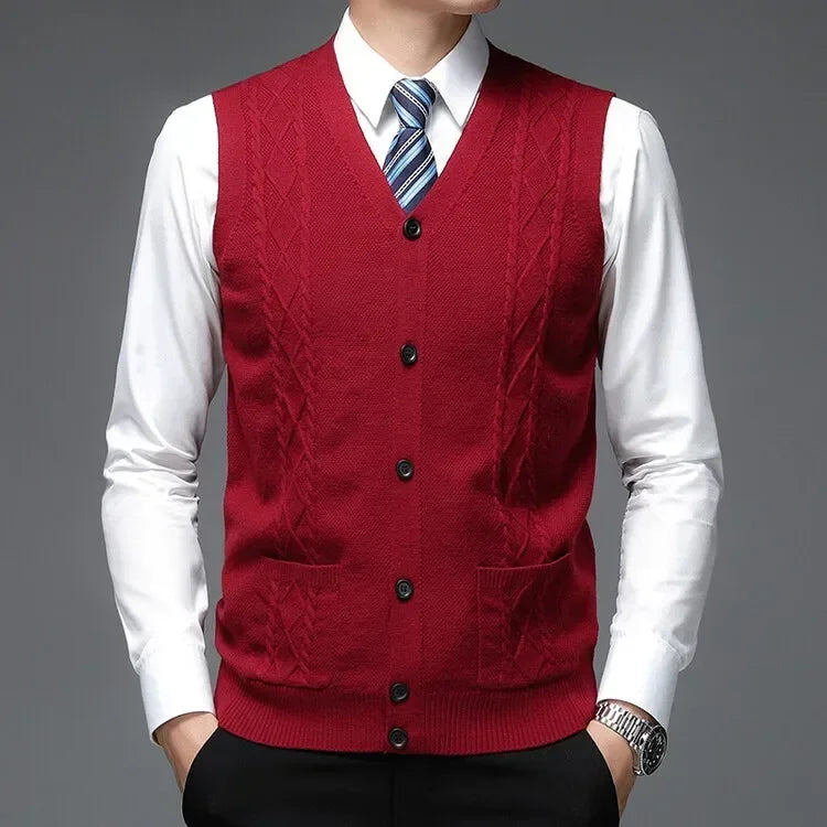 Men's Business Casual Pullover Wear Warm Sleeveless  Velvet Knitted Sweater Vest Tops