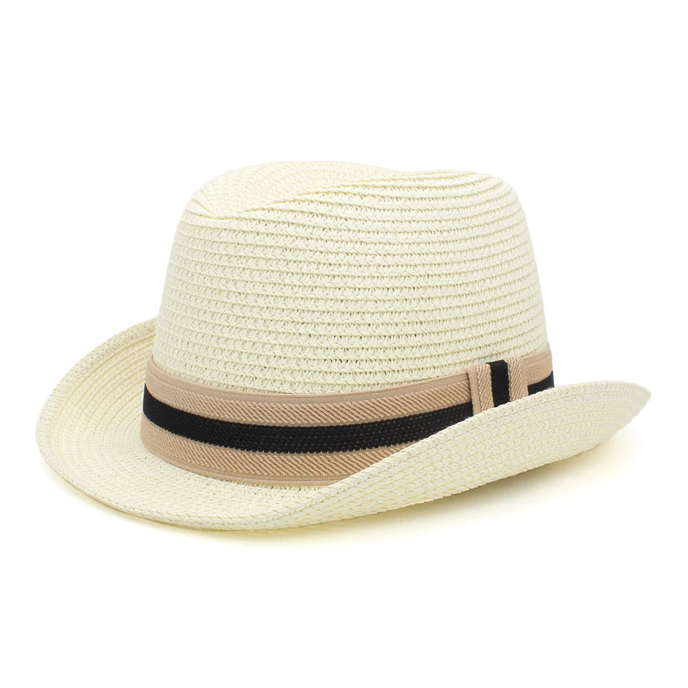 Men Women Summer Solid Straw Homburg Hats Classical Retro Fedora Caps Trilby Sunhat Party Beach Travel Outdoor Adjustable Size