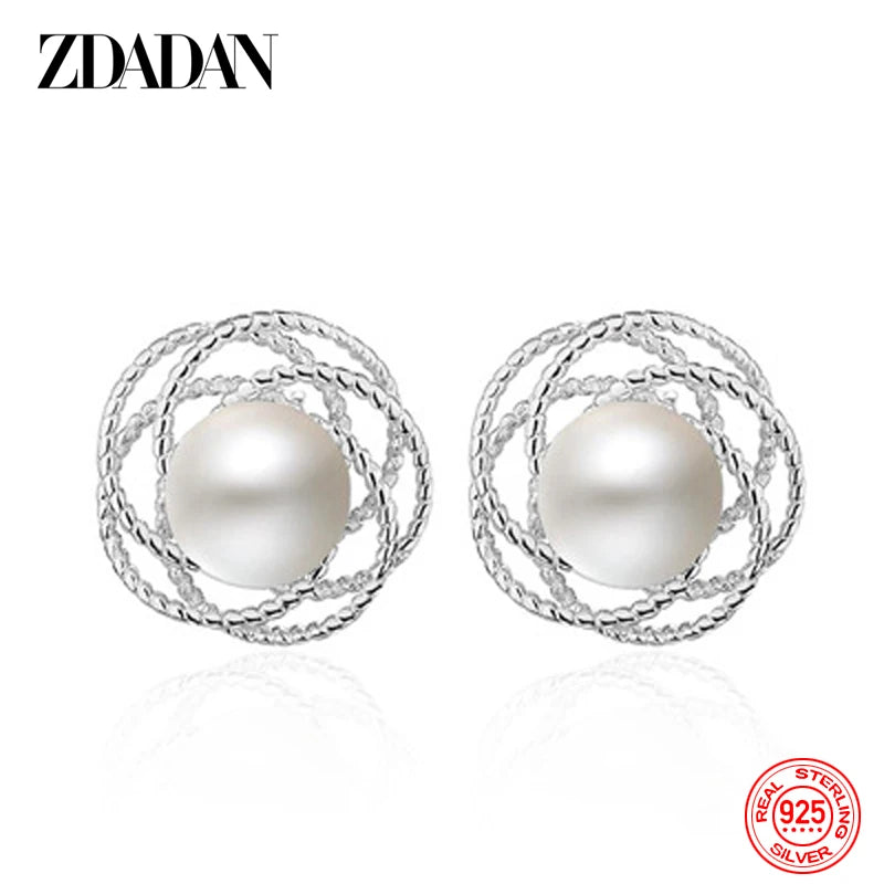 ZDADAN 925 Sterling Silver Charm Hollow Flower Pearl Stud Earrings For Women Temperament Engagement Jewelry Party Gift
