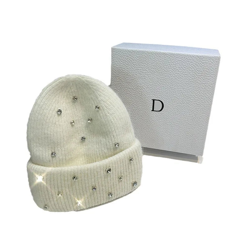 قبعات شتوية محبوكة من الصوف بفرو الأرانب للنساء الكوريات مصنوعة من خرز الراين الفاخر وقبعات سميكة ودافئة 
