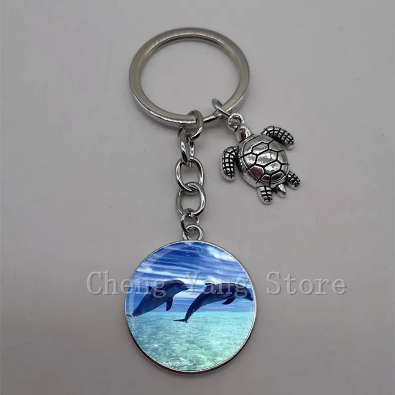 Marine life jewelry turtle dolphin shell keychain key ring glass convex round keychain charm turtle pendant Christmas gift