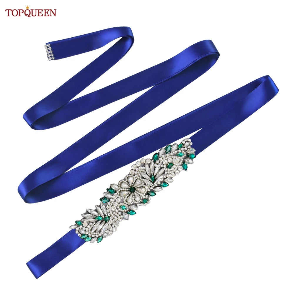 TOPQUEEN S22 Bride Rhinestone Belt Shiny Wedding Accessories Party Woman Emerald Belts Jewelry Wedding Dress Decoration Sash